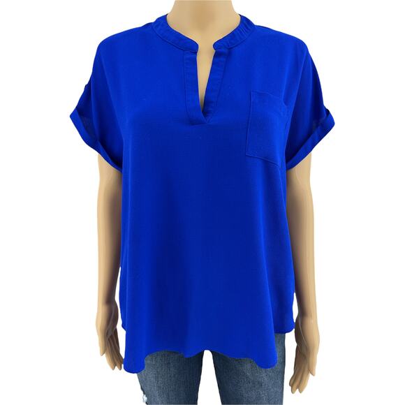 Moa Moa MEDIUM Blue Split V Neck Rolled Cuff Short Sleeve High Low Blouse Top - Picture 1 of 7